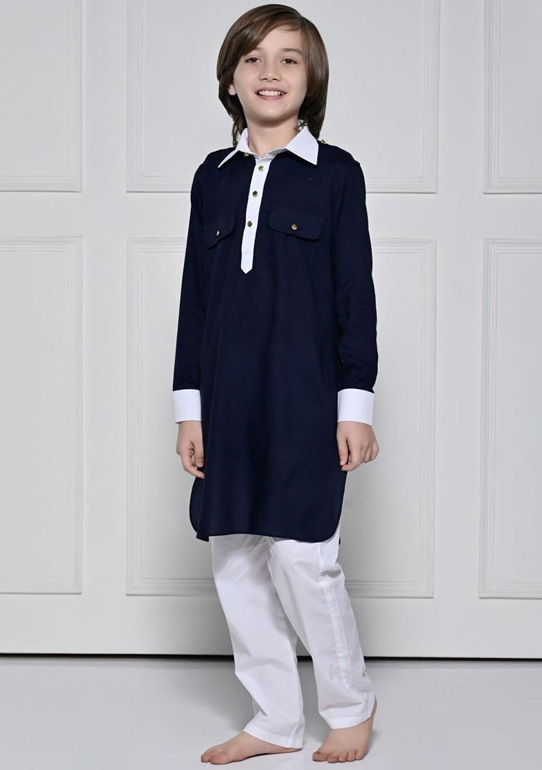 Blue Embroidered Cotton Kurta Set For Boys - Indya