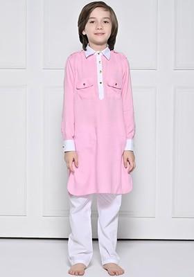 Pink Embroidered Blended Kurta Set For Boys