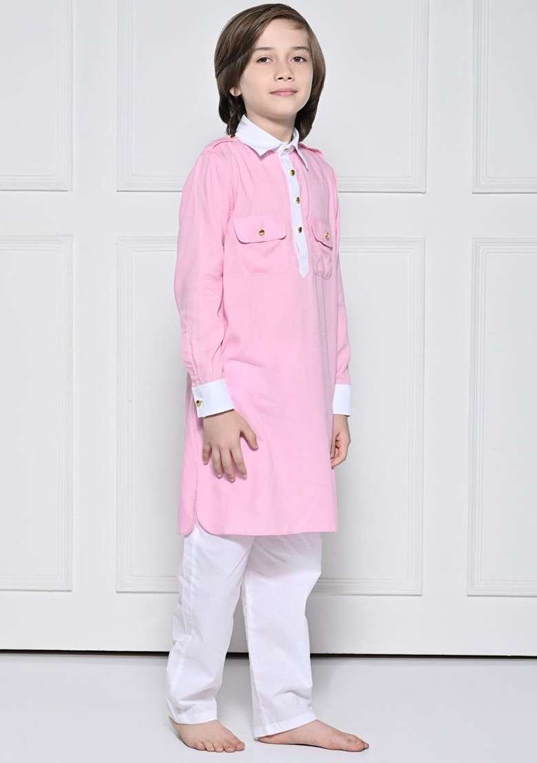 Pink Embroidered Blended Kurta Set For Boys - Indya
