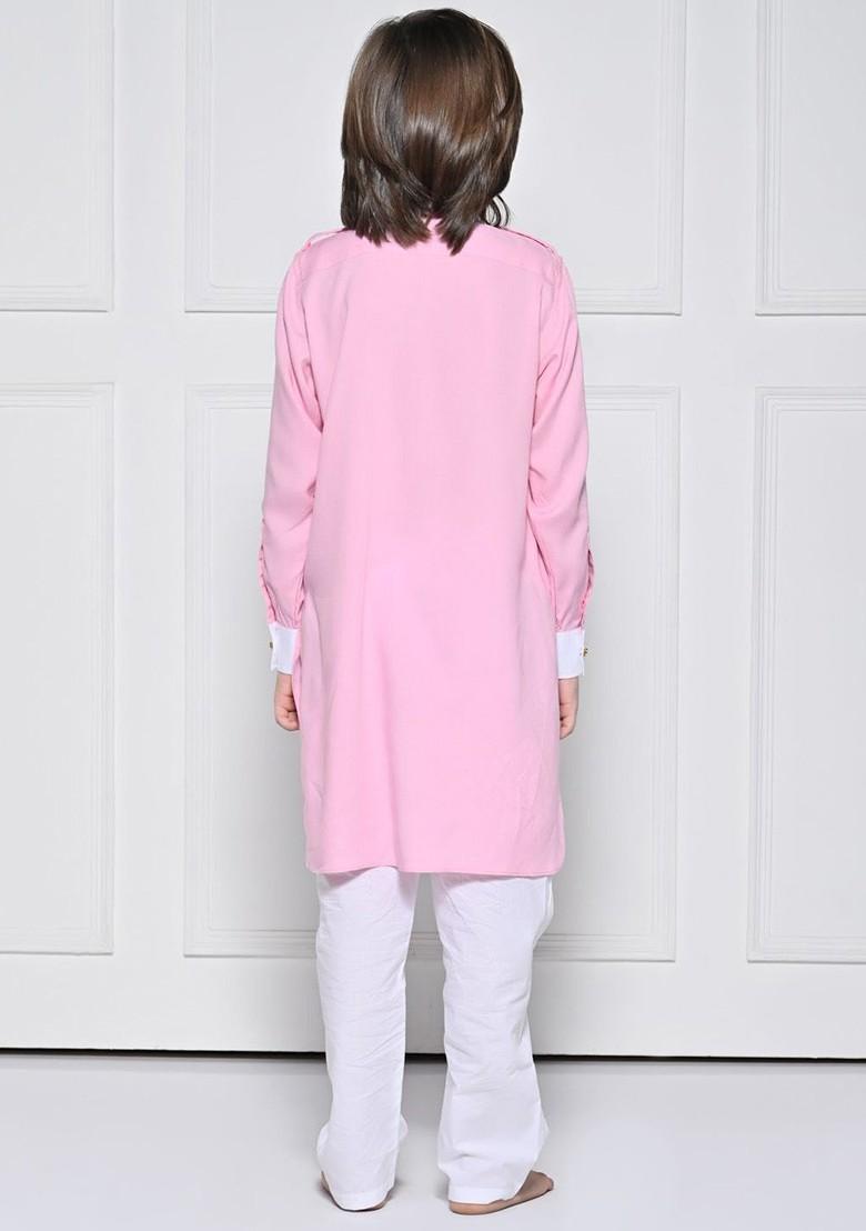Pink Embroidered Blended Kurta Set For Boys - Indya