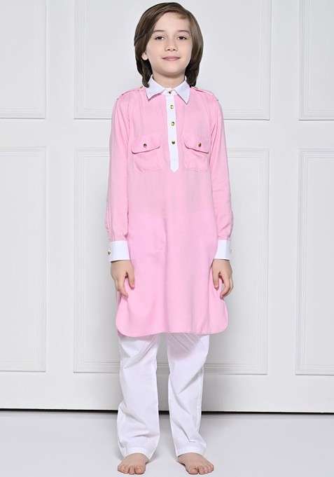 Pink Embroidered Blended Kurta Set For Boys