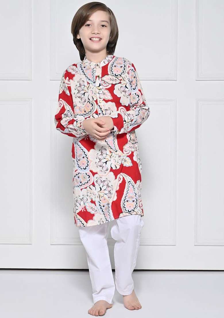 Red Printed Blended Kurta Set For Boys - Indya
