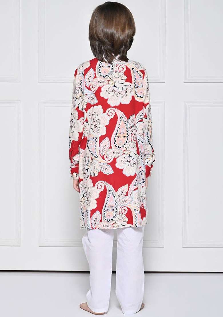 Red Printed Blended Kurta Set For Boys - Indya