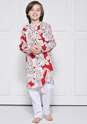 Red Embroidered Cotton Kurta Set For Boys