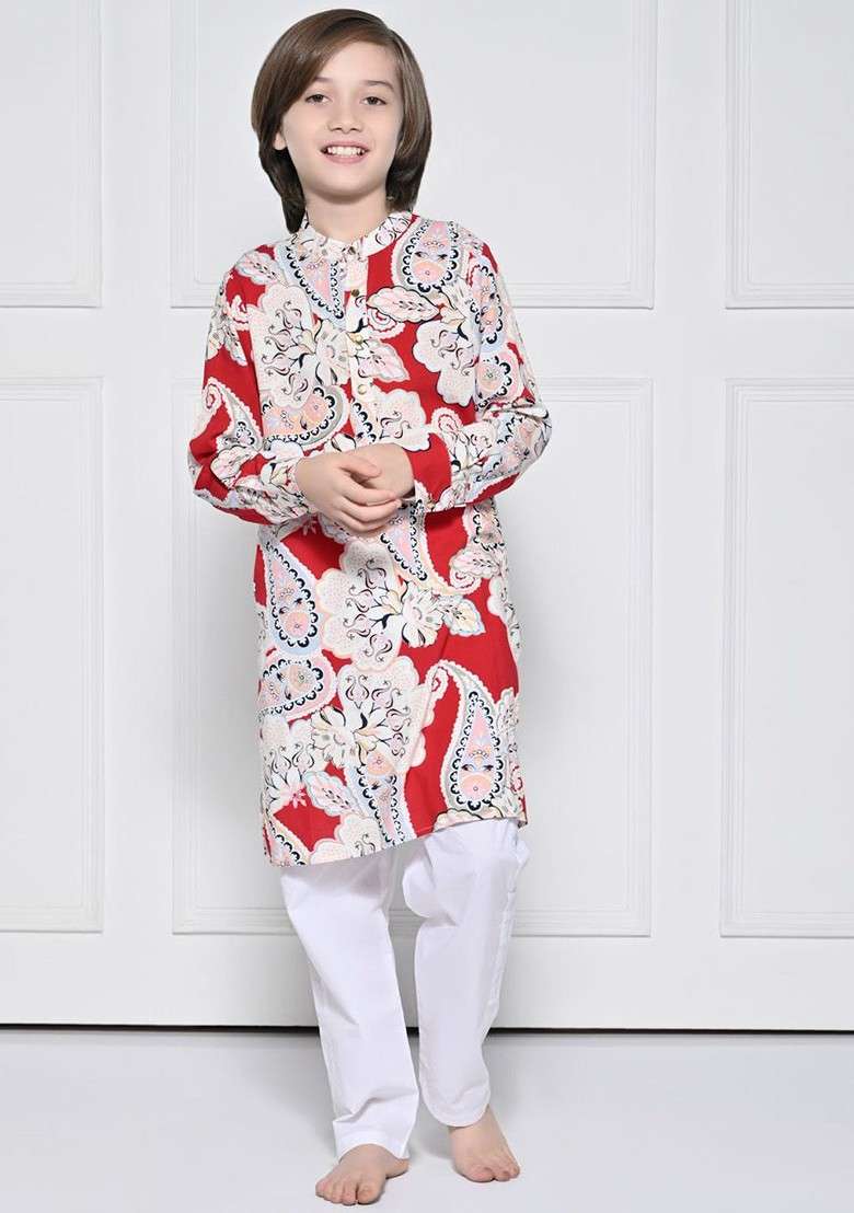 Red Embroidered Cotton Kurta Set For Boys - Indya