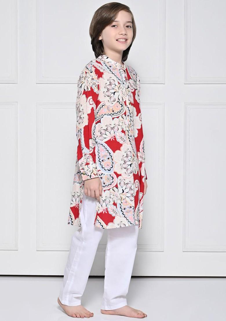 Red Embroidered Cotton Kurta Set For Boys - Indya
