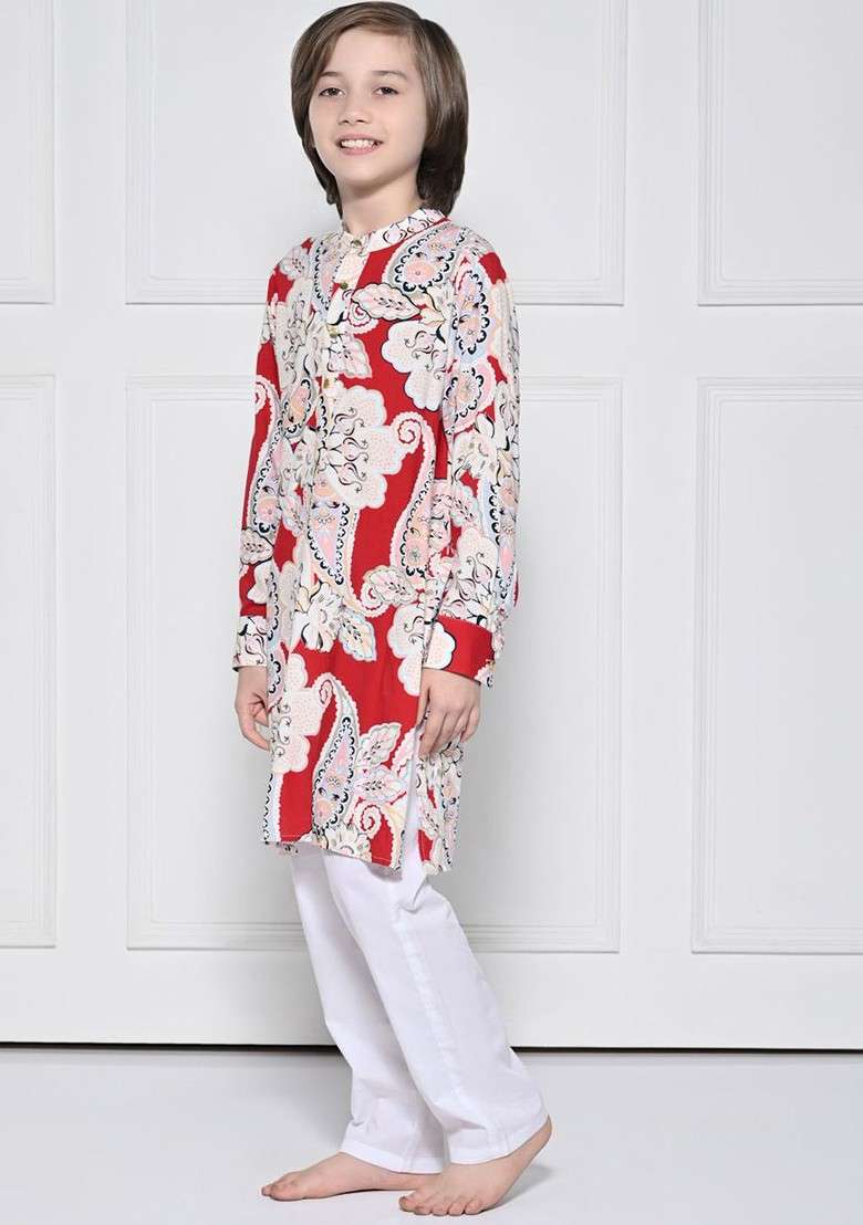 Red Embroidered Cotton Kurta Set For Boys - Indya