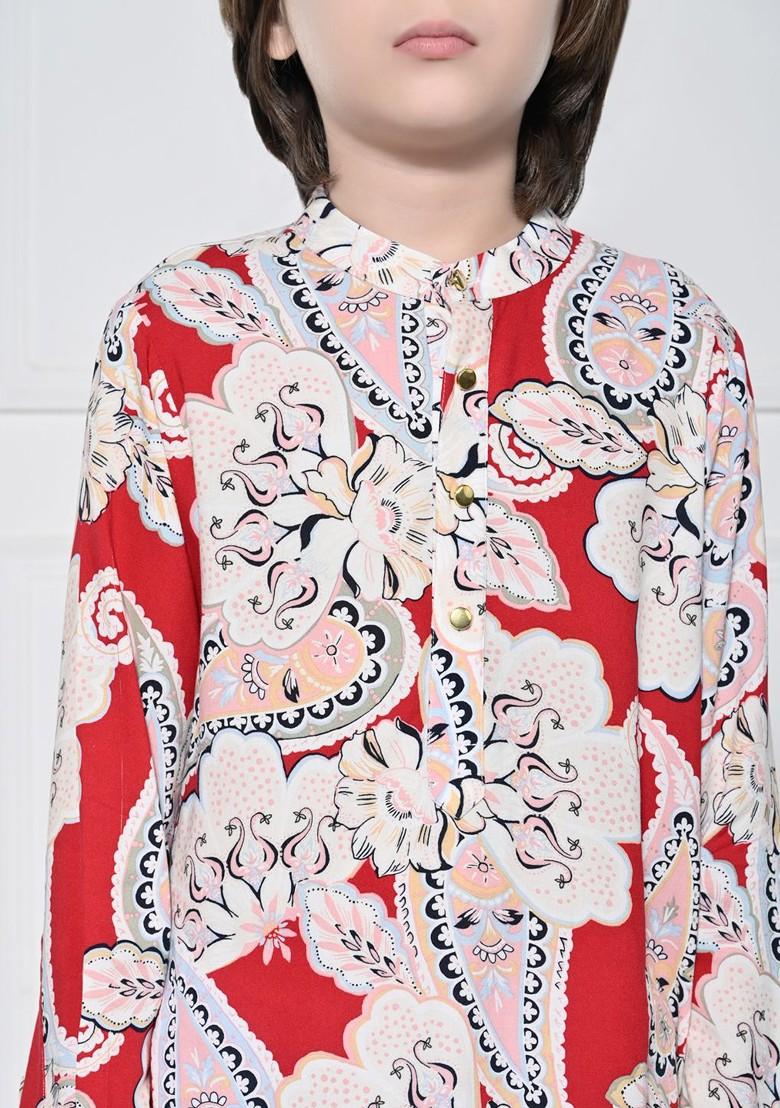 Red Embroidered Cotton Kurta Set For Boys - Indya