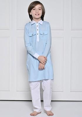 Blue Embroidered Cotton Kurta Set For Boys