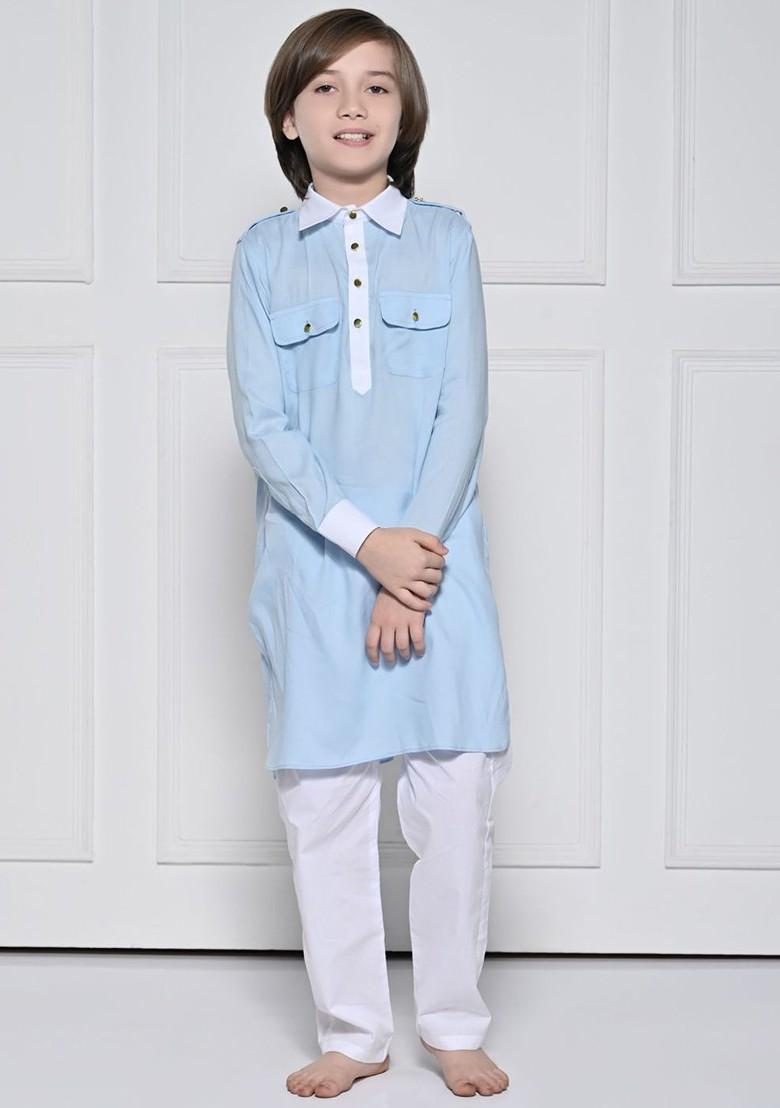 Blue Embroidered Cotton Kurta Set For Boys - Indya