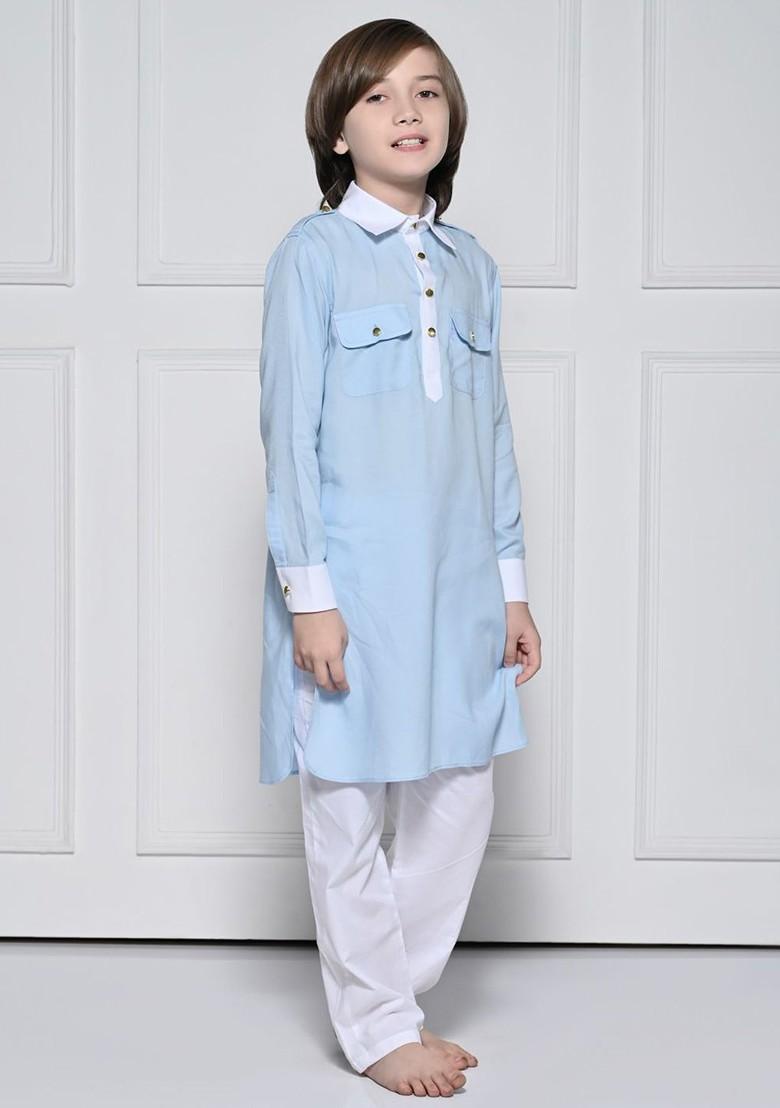 Blue Embroidered Cotton Kurta Set For Boys - Indya