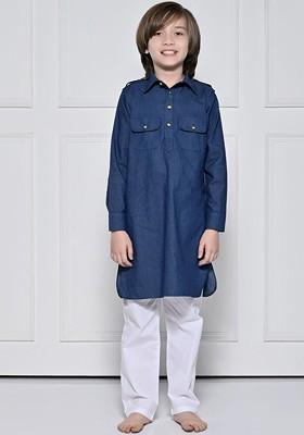 Blue Embroidered Cotton Kurta Set For Boys