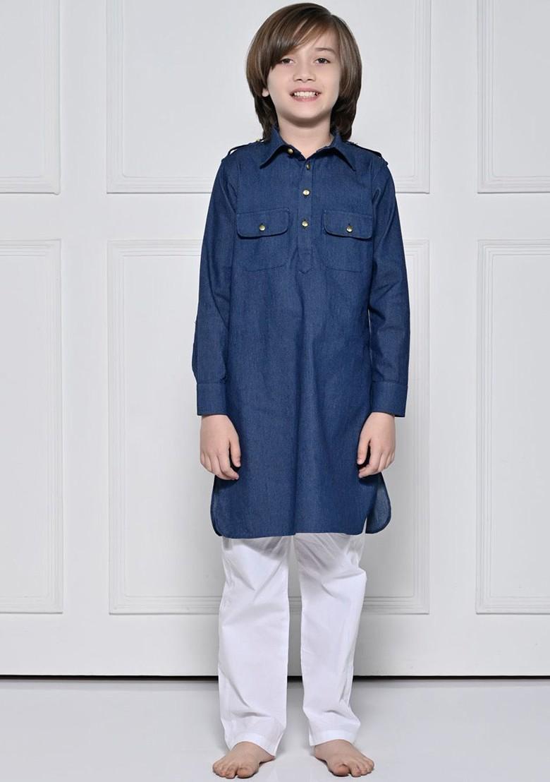 Blue Embroidered Cotton Kurta Set For Boys - Indya