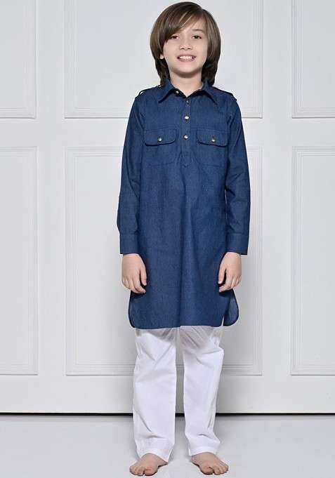Blue Embroidered Cotton Kurta Set For Boys
