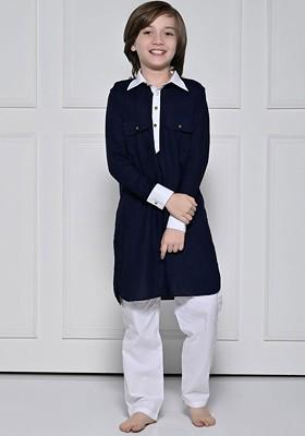 Navy Blue Solid Cotton Kurta Set For Boys