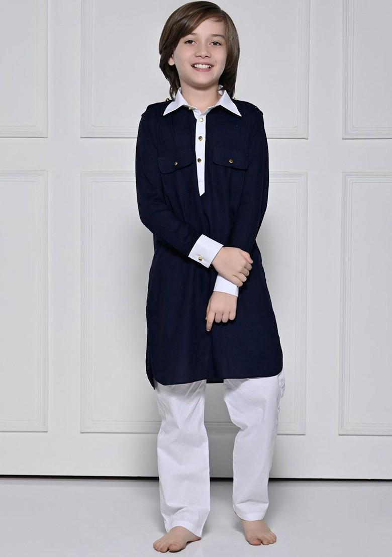 Navy Blue Solid Cotton Kurta Set For Boys - Indya