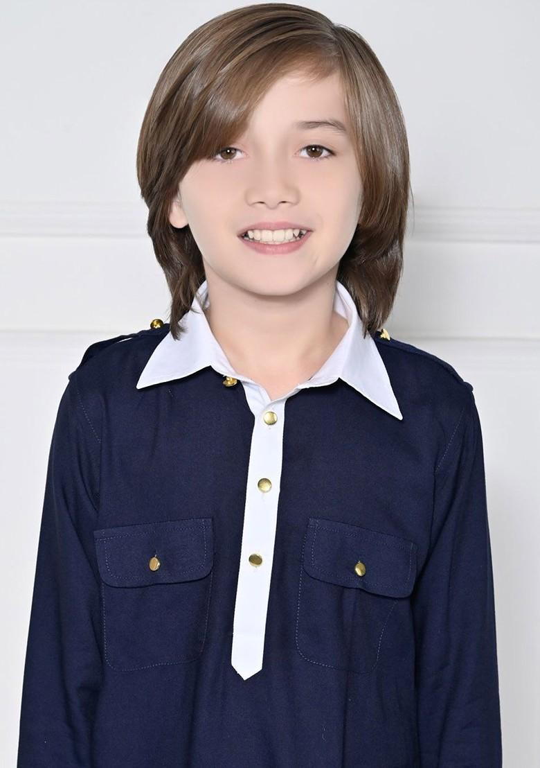 Navy Blue Solid Cotton Kurta Set For Boys - Indya