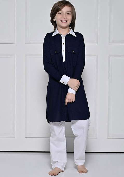 Navy Blue Solid Cotton Kurta Set For Boys