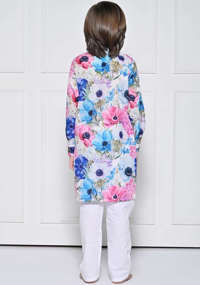 Pink Printed Blended Kurta Set For Boys - Indya
