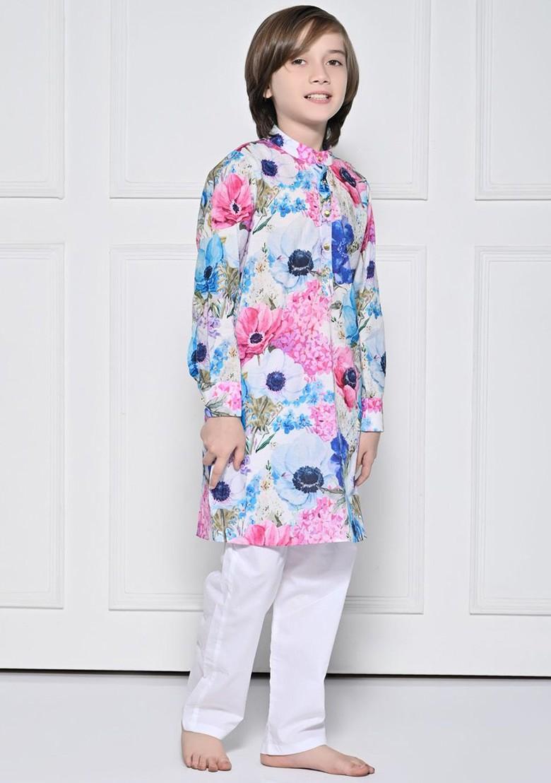 Pink Printed Blended Kurta Set For Boys - Indya