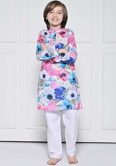 Pink Printed Blended Kurta Set For Boys