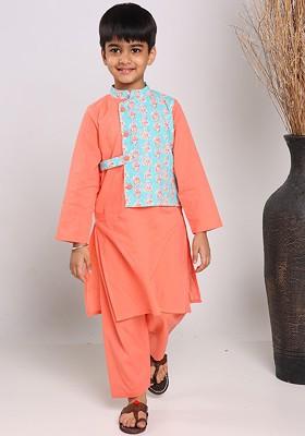 Peach Printed Cotton Kurta Set For Boys