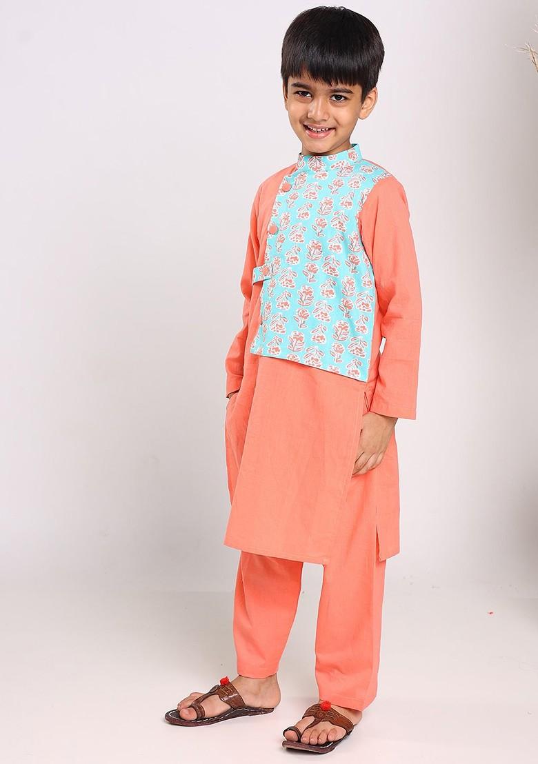 Peach Printed Cotton Kurta Set For Boys - Indya