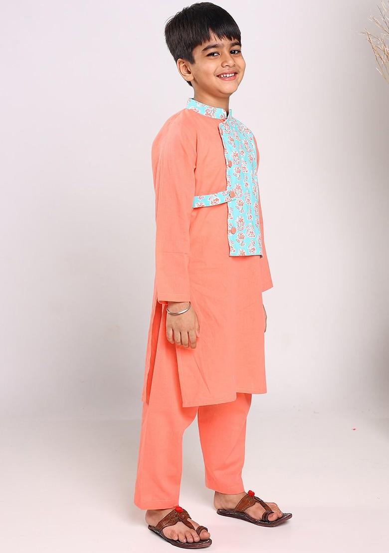 Peach Printed Cotton Kurta Set For Boys - Indya