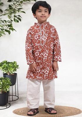 Brown Printed Blended Kurta Set For Boys