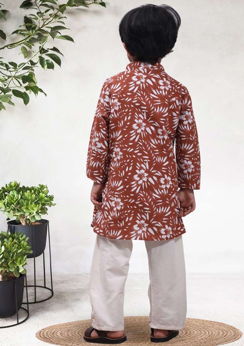 Brown Printed Blended Kurta Set For Boys - Indya
