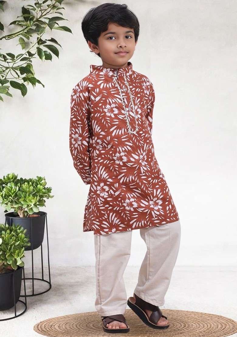 Brown Printed Blended Kurta Set For Boys - Indya