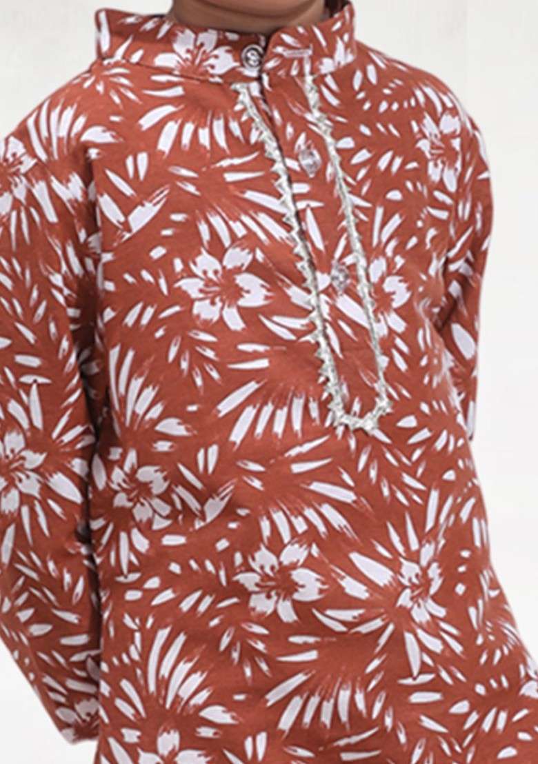 Brown Printed Blended Kurta Set For Boys - Indya