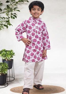Pink Printed Blended Kurta Set For Boys
