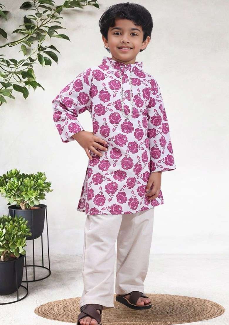 Pink Printed Blended Kurta Set For Boys - Indya