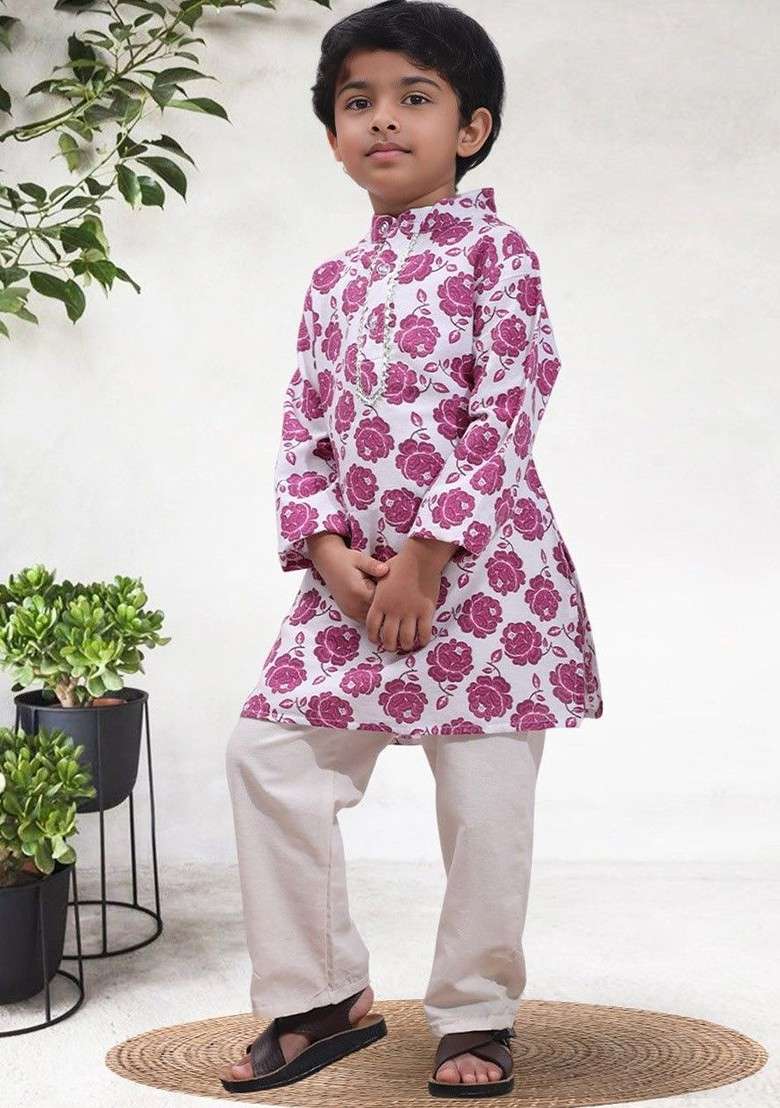 Pink Printed Blended Kurta Set For Boys - Indya