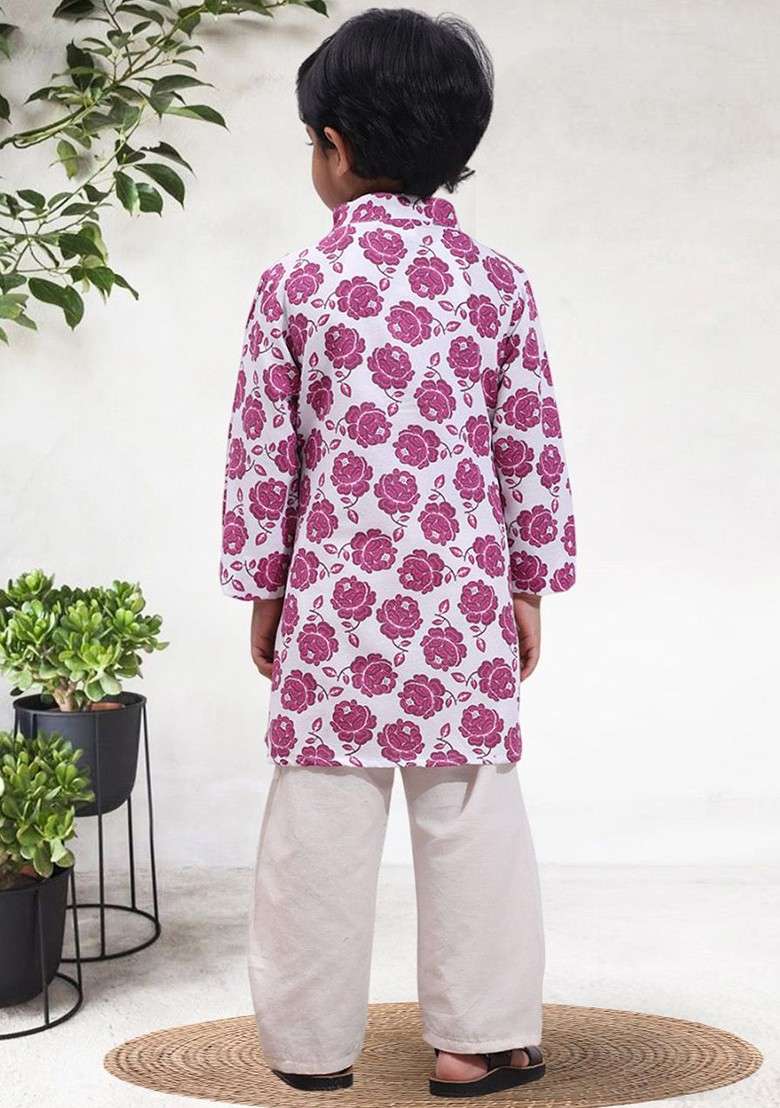 Pink Printed Blended Kurta Set For Boys - Indya