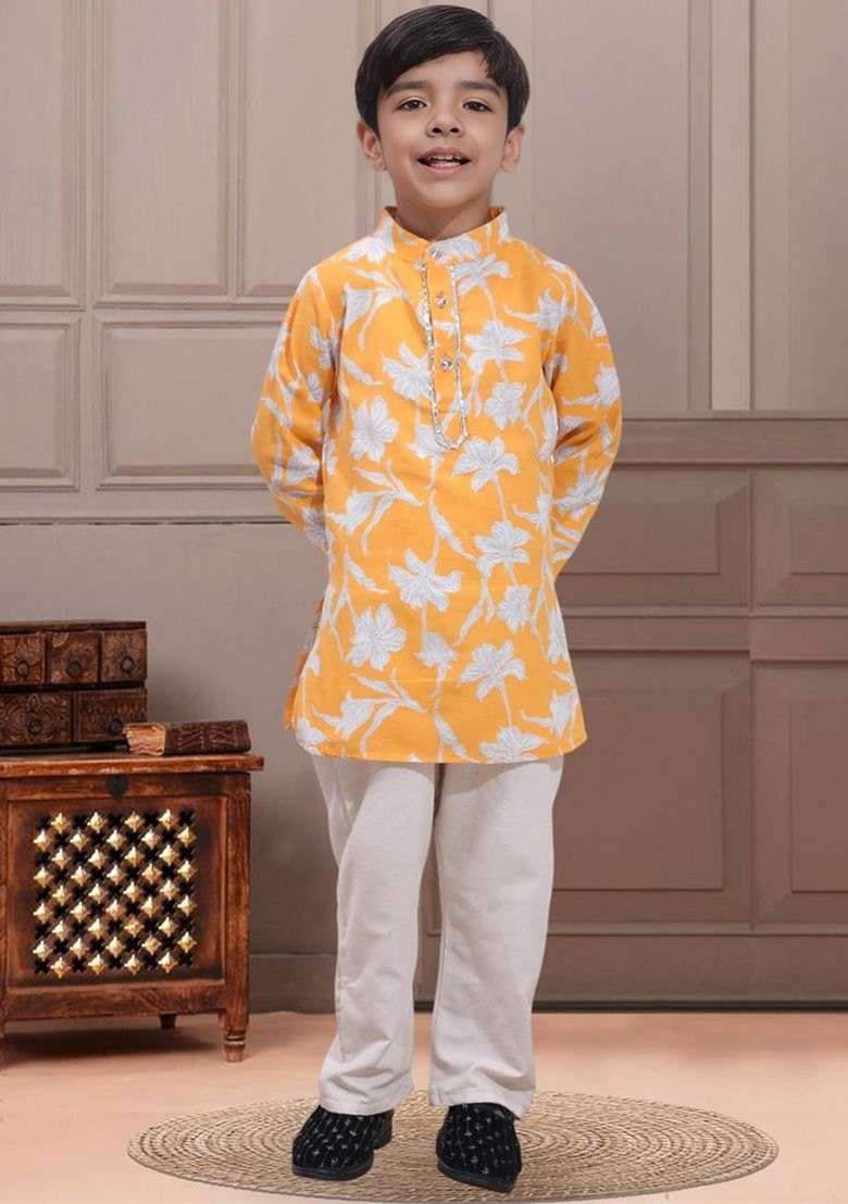 Orange Printed Blended Kurta Set For Boys - Indya