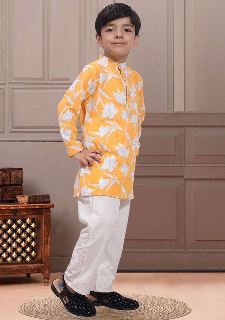 Orange Printed Blended Kurta Set For Boys - Indya