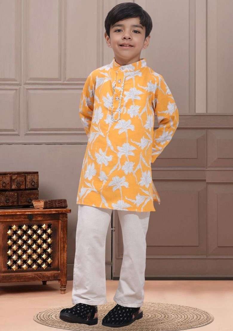 Orange Printed Blended Kurta Set For Boys - Indya