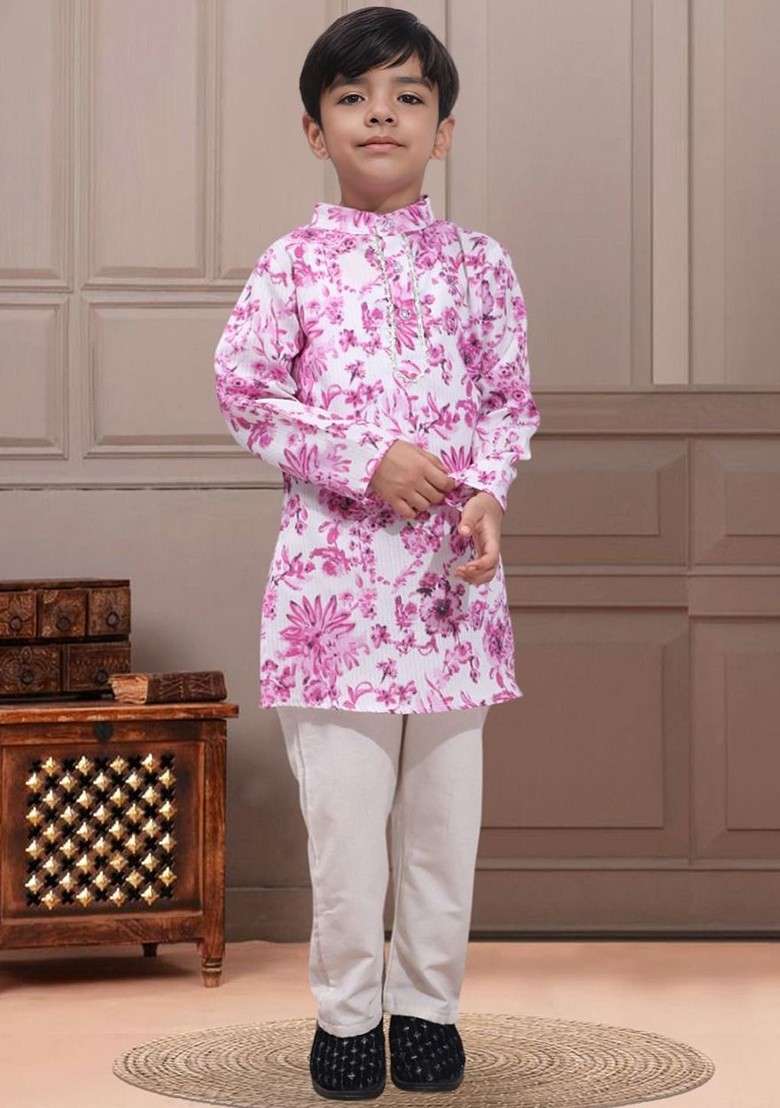 White Printed Blended Kurta Set For Boys - Indya