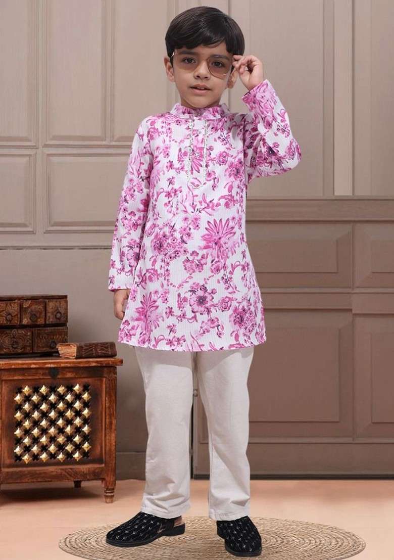 White Printed Blended Kurta Set For Boys - Indya