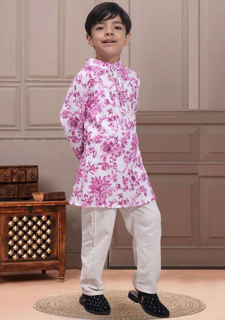 White Printed Blended Kurta Set For Boys - Indya