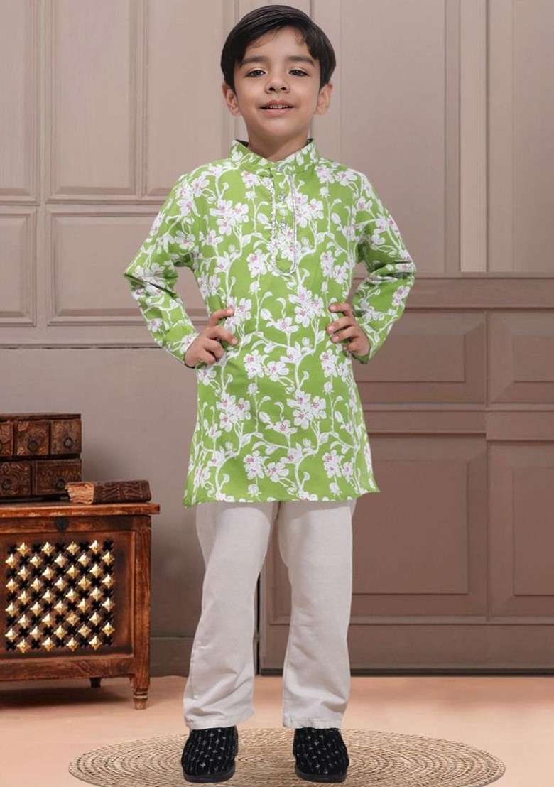 Green Printed Blended Kurta Set For Boys - Indya