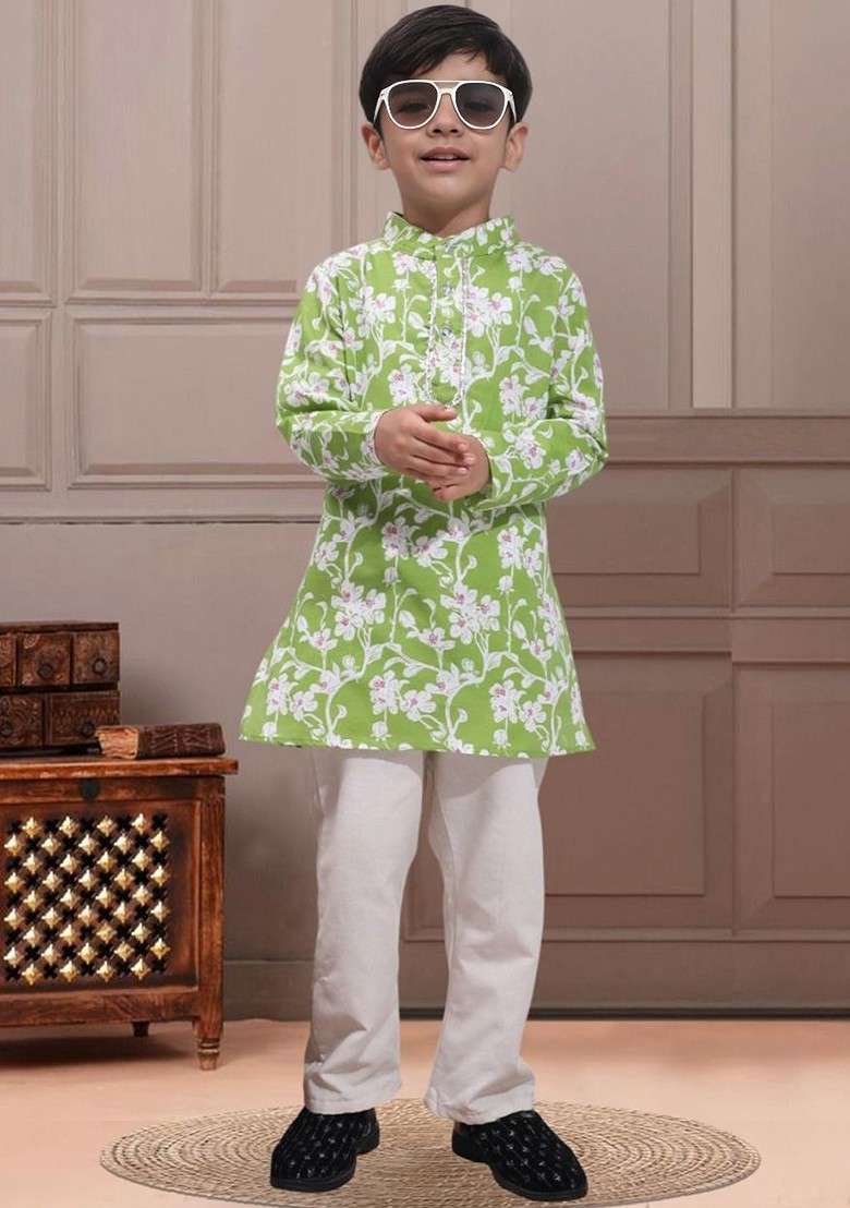 Green Printed Blended Kurta Set For Boys - Indya