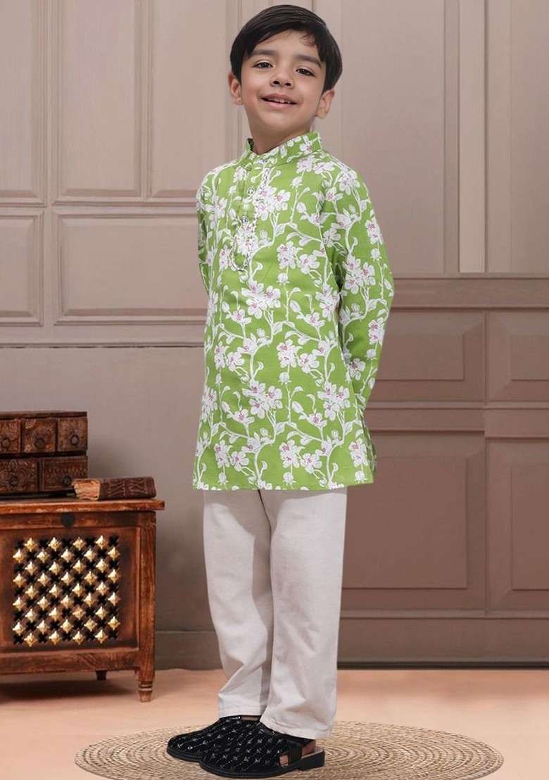 Green Printed Blended Kurta Set For Boys - Indya