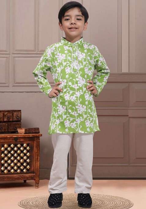 Green Printed Blended Kurta Set For Boys