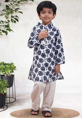 Navy Blue Printed Blended Kurta Set For Boys