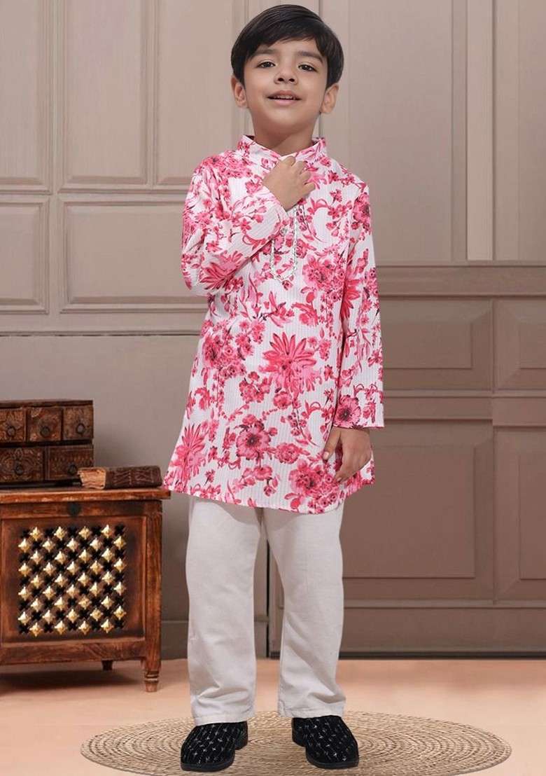 Pink Printed Blended Kurta Set For Boys - Indya