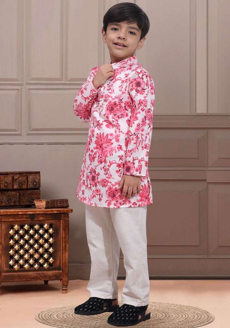 Pink Printed Blended Kurta Set For Boys - Indya