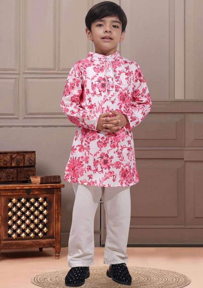 Pink Printed Blended Kurta Set For Boys - Indya